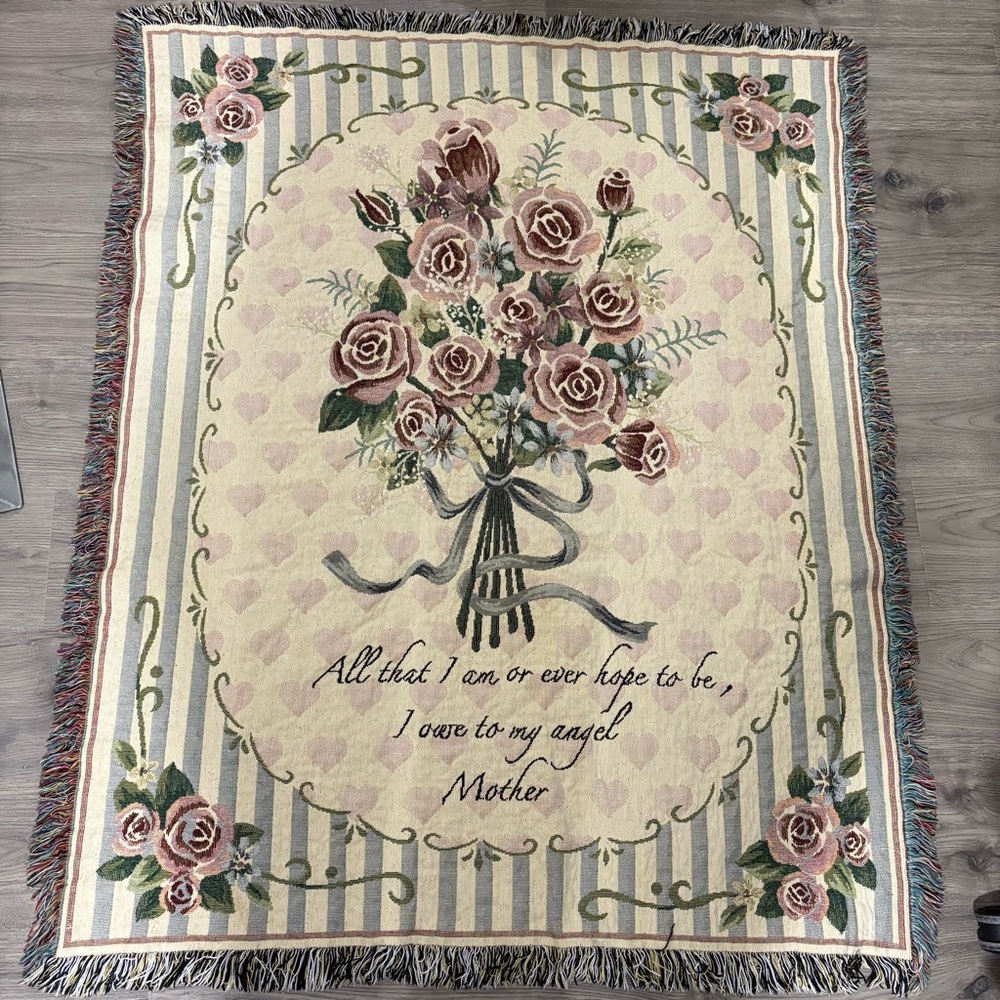 Vtg Darling‎ Mother Tapestry Throw Blanket Fringe 48"X 56" Mothers Day Cottage